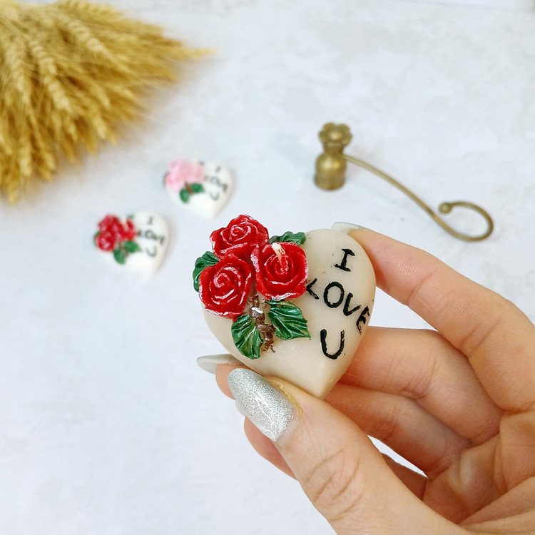 شمع تزئینی مدل قلب I LOVE U گلدار بسته 2 عددی
